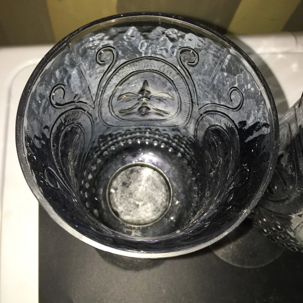 Vtg  Fleur De Lis Metal and Smokey Blue Iridescent Glass GothicCandle Holders